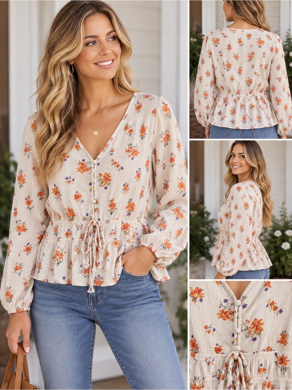 No Boundaries Cream Floral Tie-Waist Peplum Blouse